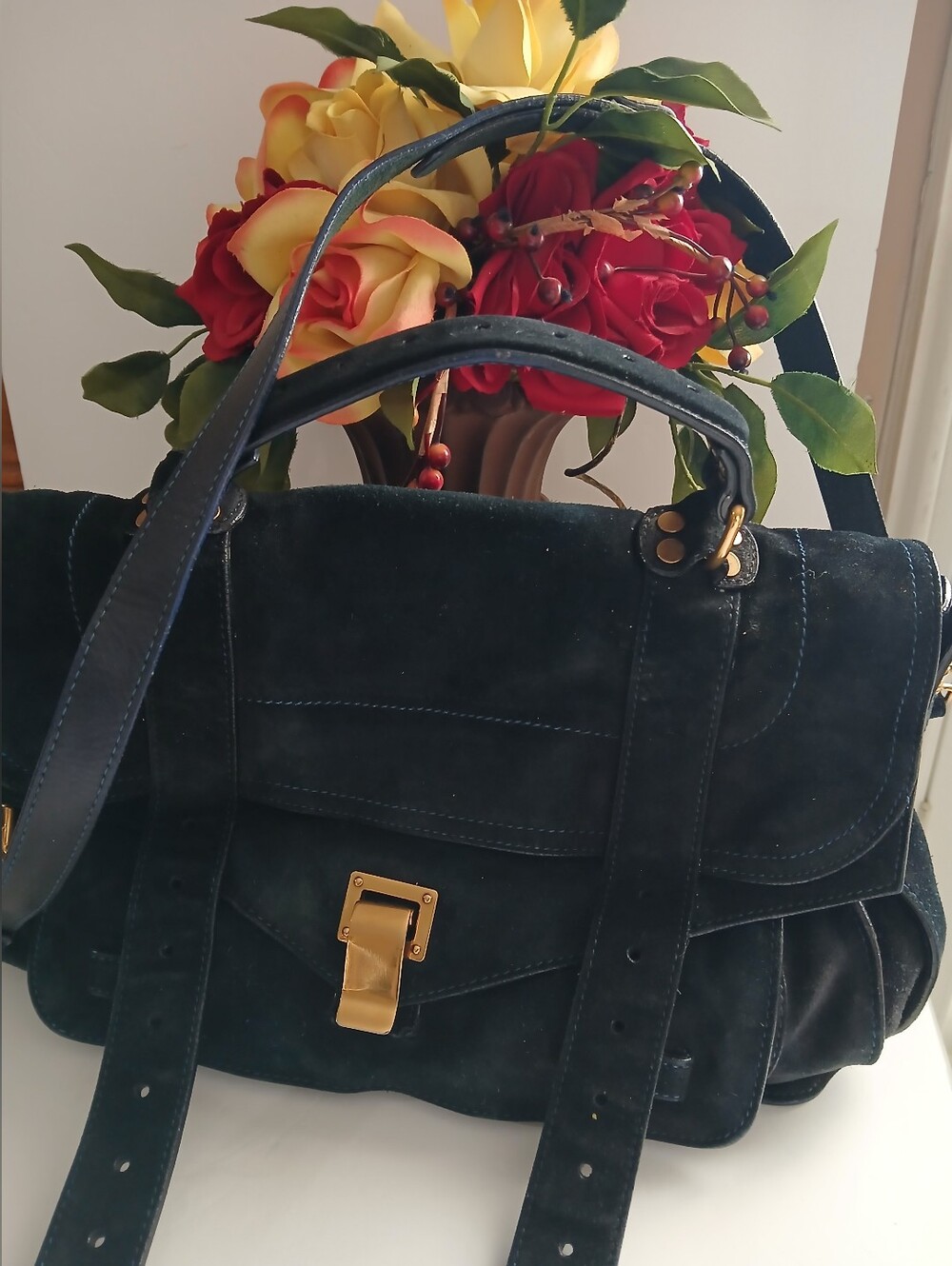 Proenza Schouler PS1 Navy Blue Suede Satchel Bag